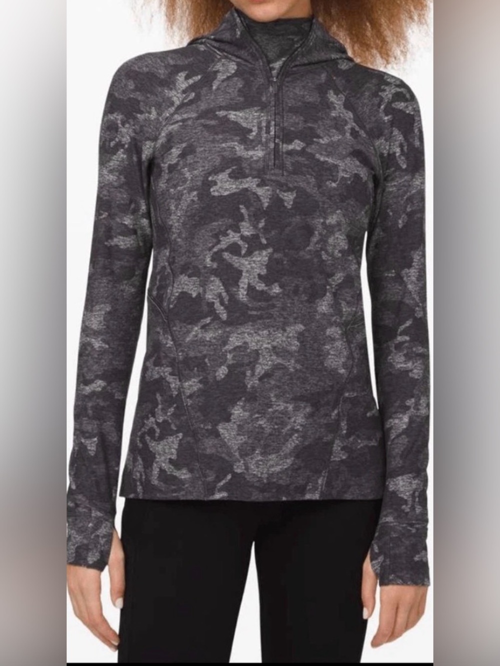 Lululemon Athletica Warm Stabilizer 1/2 Zip Hoodie Incognito Camo HTR Black